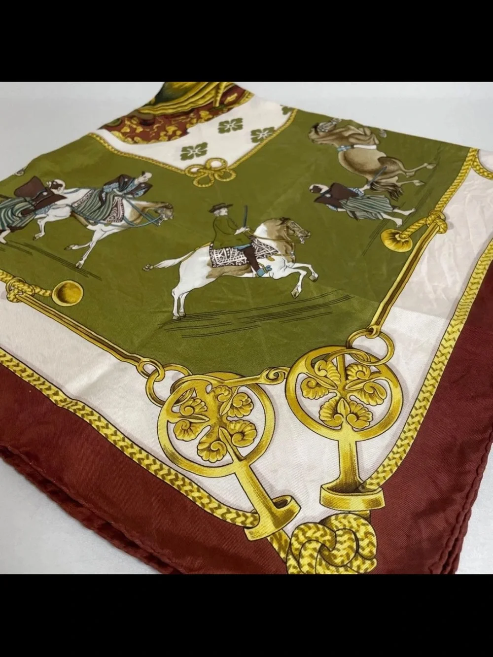 Hermes Green, White & Brown Equestrian Silk Scarf